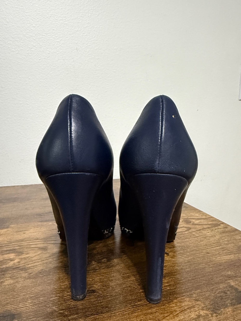 CHANEL Navy Leather Pumps with Black Cap Toe - Picture 3 of 6